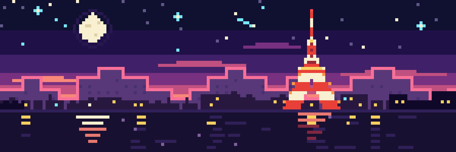 Pixel art of Tokyo at night, with the skyline tracing a square wave